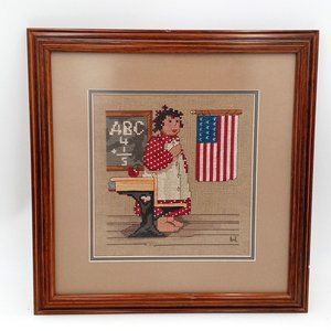 Prim School Room Framed Cross Stitch Art Americana USA Flag Desk Grandmacore Wal
